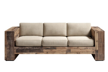 Rustic wooden three seater sofa with beige cushions isolated.