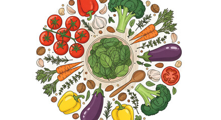Fresh vegetables and herbs forming a circle around spinach illustration art