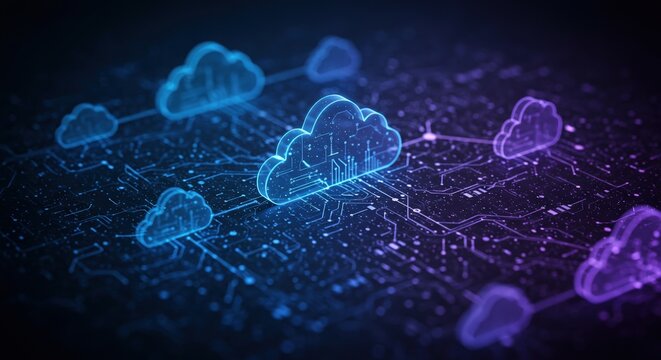 Concept de cloud computing futuriste avec ic&ocirc;nes de nuages lumineux connect&eacute;s au r&eacute;seau num&eacute;rique, cybers&eacute;curit&eacute;, stockage de donn&eacute;es et infrastructure virtuelle.