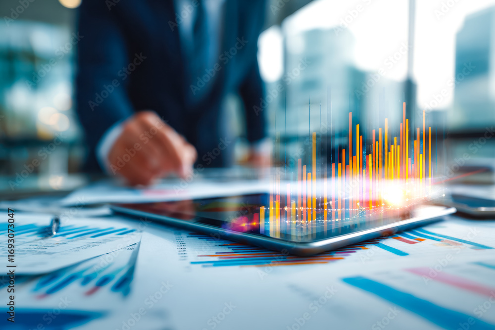 Poster business professional analyzing financial data with digital graph display on a tablet