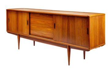 Vintage mid century modern wooden sideboard cabinet isolated on white.