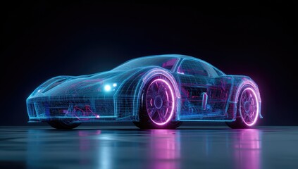 Futuristic car with glowing wireframe