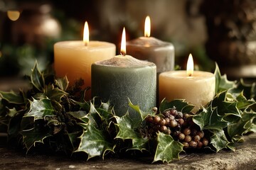 Christmas candles surrounded by holly leaves