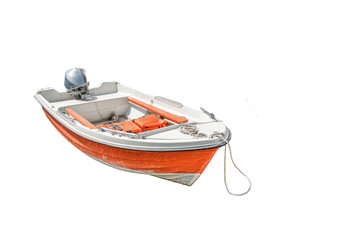 Small orange and white motorboat isolated on a plain background.