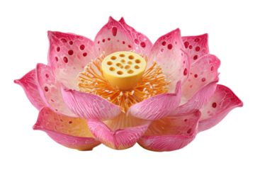 Beautiful pink lotus flower with spotted petals isolated on white.