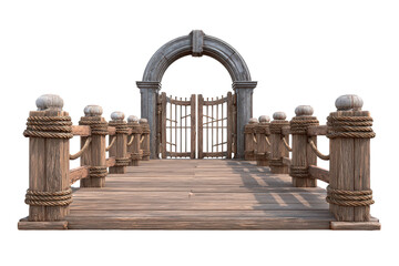 Naklejka premium Old wooden bridge with rope railings leading to a stone archway gate.