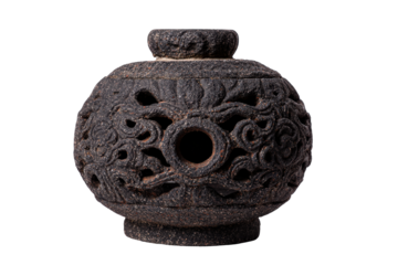 Antique Ornate Carved Spherical Stone Vase Isolated on White.