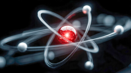 Conceptual illustration of an atom with glowing red nucleus and orbiting electrons set against a dark background representing atomic structure and physics principles