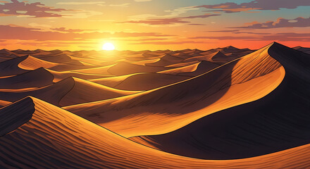 Majestic desert landscape at sunrise with rolling sand dunes and golden light