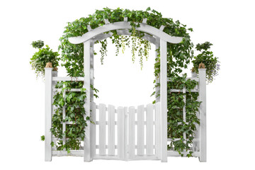 Elegant white wooden garden arch with a gate and climbing ivy.