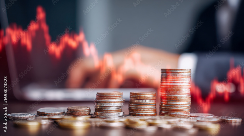Poster stacked coins in various heights on desk with blurred hands typing on laptop and red financial data 