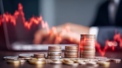 Stacked coins in various heights on desk with blurred hands typing on laptop and red financial data graph symbolizing market fluctuations and investment trends