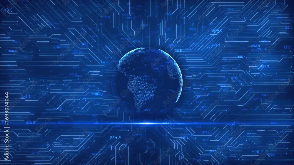 Poster digital earth orbiting amidst futuristic blue circuit board patterns and flowing data streams