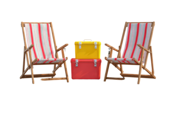 Two striped wooden deck chairs with stacked colorful coolers.
