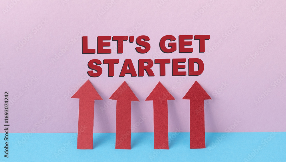Poster let's get started is written on a pink background. the offer is represented by four red arrows point