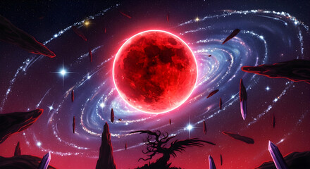 Cosmic Apocalypse Red Moon Galaxy