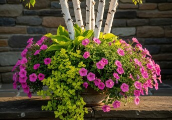 Container garden with pink petunias, green foliage, and birch branches against a stone wall
