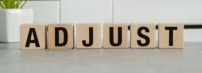 The word ADJUST consists of wooden cubes with letters, top view on a light background.