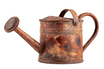 Old rusty metal watering can for gardening isolated on white.