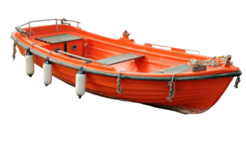 Bright orange lifeboat with white fenders isolated on white.