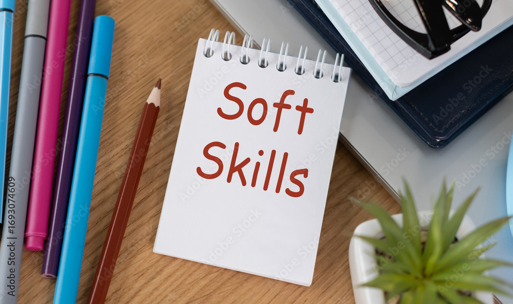 Poster a notebook with the word soft skills written on it, wooden background