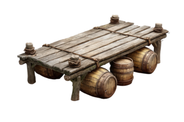 Rustic wooden raft constructed with planks and barrels.
