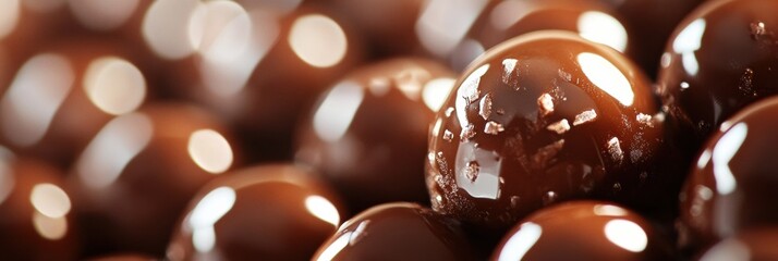 Rich chocolate spheres glisten under soft light, showcasing a tempting texture of confectionery delights in a close-up arrangement