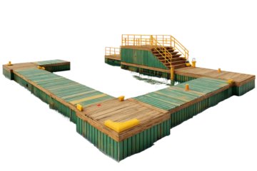 Modular U-shaped floating pontoon dock with stairs and platform isolated on white.