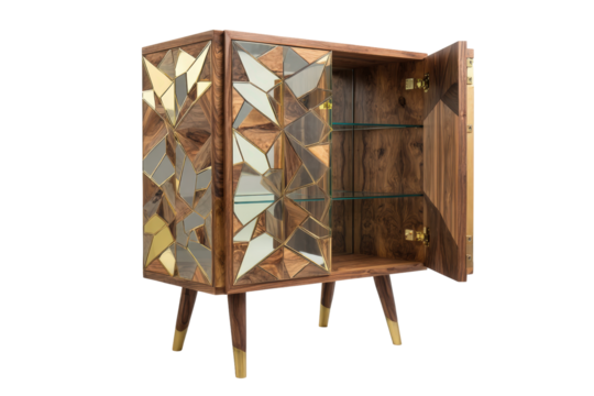 Stylish wooden cabinet with a unique geometric patchwork design. - Powered by Adobe