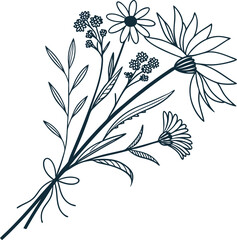 Minimal outline wildflower bouquet line drawing illustration