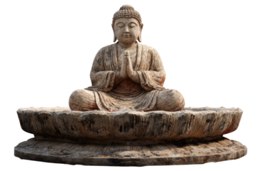 Ancient stone Buddha statue sitting in a meditative pose.