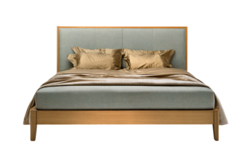 Modern wooden bed with a light blue upholstered headboard.