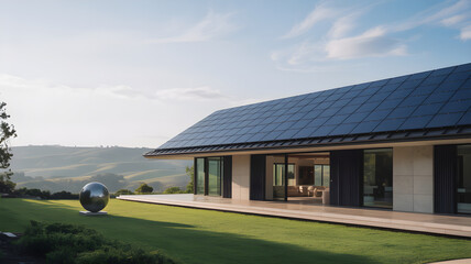 Modern house with solar panels and scenic view embracing sustainability