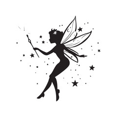 Fototapeta premium Fairy silhouette, Beautiful Fairy Silhouette, Cute fairy flying, Fairy magic silhouettes, isolated white background