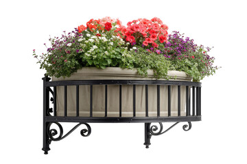 Ornate wrought iron window box with vibrant summer flowers.