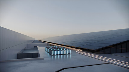 Fototapeta premium Solar panels and energy storage system powering futuristic building