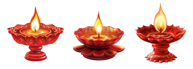 Three traditional indian diyas or oil lamps lit with flickering flames, isolated on a transparent background