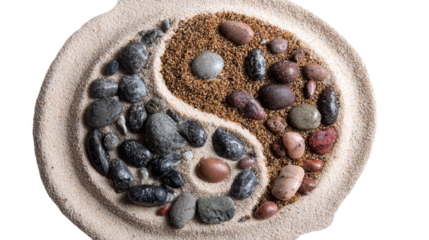Yin Yang symbol design with stones placed in sand isolated on transparent background 