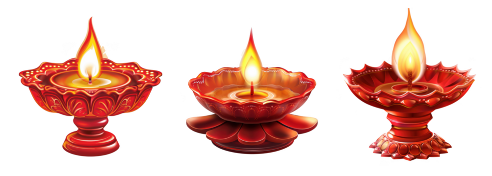 Three traditional indian diyas or oil lamps lit with flickering flames, isolated on a transparent background - Powered by Adobe