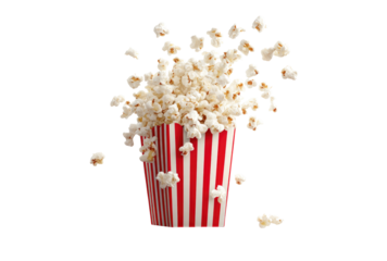 Popcorn bursts from a striped cardboard container
