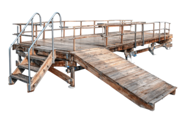 Old weathered wooden pier with ramp and stairs isolated on white.