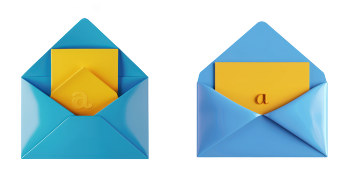 Two blue envelopes with yellow paper inside, one with a letter a visible, isolated on transparent background - Powered by Adobe