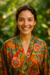 .A radiant portrait of a smiling woman in a vibrant floral robe