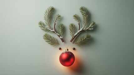 Christmas reindeer face made with pine branches and red ornament on pastel green background