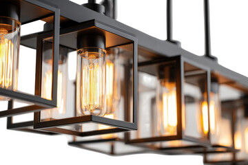 Modern industrial black metal linear chandelier with Edison bulbs.