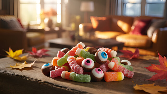 Colorful halloween candy pile on table with fall leaves in cozy living room