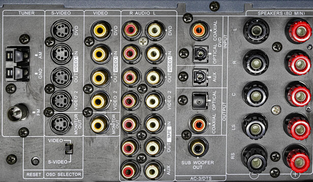 audio receiver back panel with inputs output for connecting equipment and output to speakers with terminals and wires