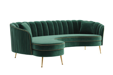Stylish curved green velvet sofa with channel tufting and gold legs.