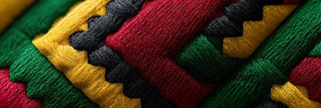 modern kente cloth design, modern web header with bold kente cloth patterns in red, black, and green, integrated kinara icon, clean text, and responsive design