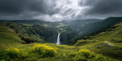 Fake HDR 360 degree panorama of majestic waterfall cascading through rugged mountains nature landscape cloudy view